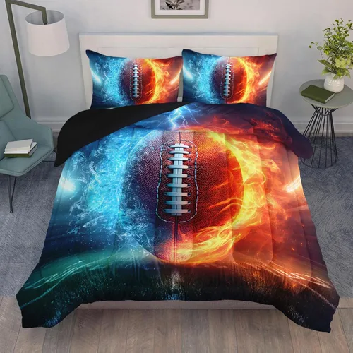 Vista 2 de QOOMO Juego de edredón de fútbol americano de 3 piezas, tamaño individual, juego de ropa de cama de fuego y agua para adolescentes, niños y niñas