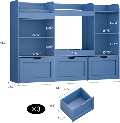 Vista 2 de Organizador de juguetes para niños de 61 pulgadas de ancho con almacenamiento de animales de peluche, estantería Montessori con 4 compartimentos