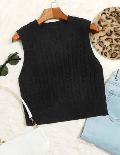 Vista 5 de Locachy Chaleco de punto trenzado sin mangas con cuello en V para mujer