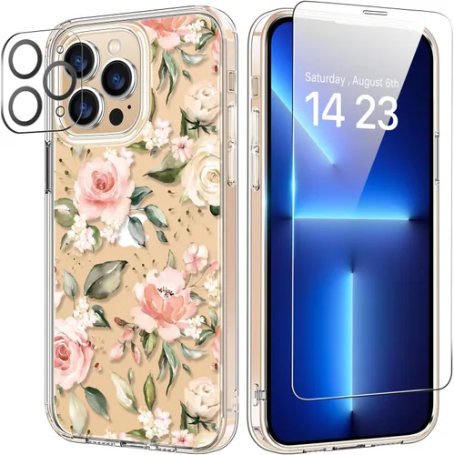 Vista 57 de bicol Funda para iPhone 14 Plus con Protector de Pantalla y Lente de Cámara - Diseños Florales de Moda para Mujeres y Niñas - Funda Transparente