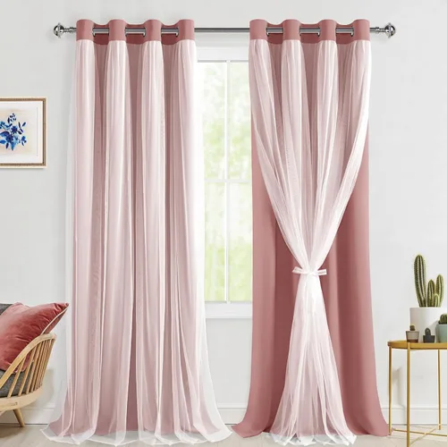 Vista 18 de Hiasan Cortinas opacas con superposición transparente, aislamiento térmico para mezclar y combinar de doble capa, cortinas de oscurecimiento de Beige