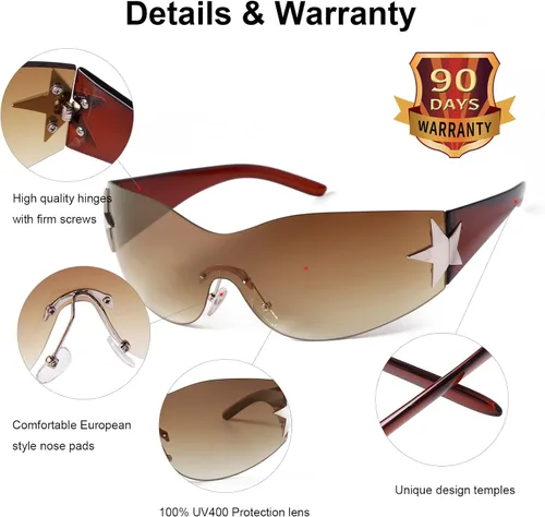 Vista 5 de SORVINO Lentes de sol Y2K sin montura para mujeres y hombres, diseño de escudo futurista de moda, de gran tamaño de los años 2000, con estrellas