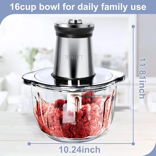 Vista 2 de BUMET Cuenco de vidrio de 16 tazas 850 W procesador eléctrico de alimentos, temporizador LED. Cuchilla de 6 filos de corte de 3 niveles para picar