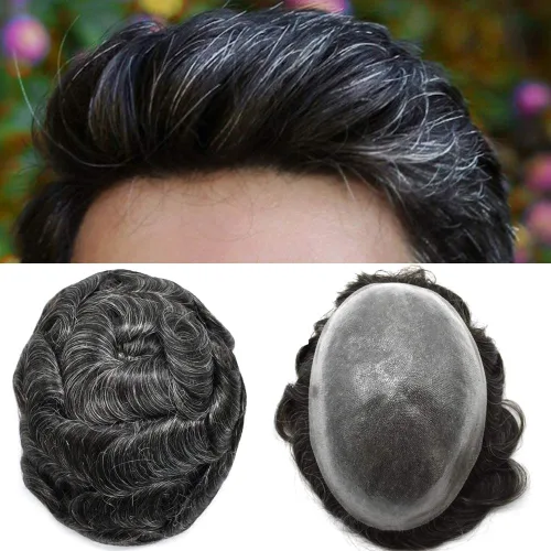 Vista 52 de PU Toupee para hombres pieza de pelo real sistema de reemplazo de cabello humano para hombres Toupee pieza de pelo para hombres piel polivinílica