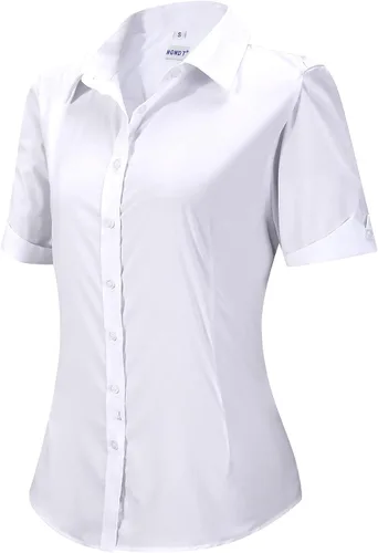 Vista 8 de MGWDT Camisa de trabajo con botones para mujer, ajustada, resistente a las arrugas, manga larga/corta, elástica, ligera