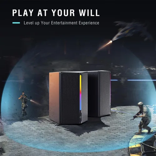 Vista 5 de FIFINE Altavoces de computadora, altavoces de computadora de escritorio con control de volumen, altavoces RGB para juegos con cable de audio