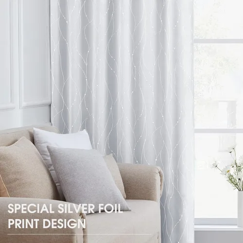 Vista 3 de HOMEIDEAS Cortinas opacas de color gris claro de 52 x 96 pulgadas de largo, 2 paneles de línea ondulada plateada con puntos impresos, pestaña