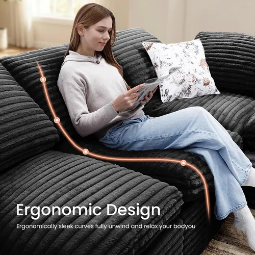Vista 5 de KKL Sofá modular de 150 pulgadas, sofá modular en forma de U con otomana, sofá de pana sin hueso para sala de estar y dormitorio, sofá modular Negro