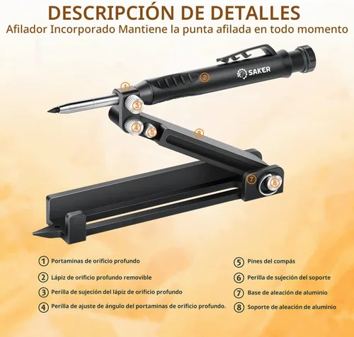 Vista 4 de Saker Herramienta de Trazado Multifunción - Lápiz de Construcción - Herramienta de Trazado de Aleación de Aluminio con Lápiz para Agujeros