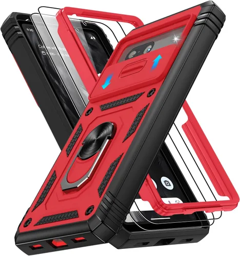 Vista 208 de Gritup Funda para Google Pixel 6 con cubierta deslizante para cámara y protector de pantalla (2 unidades), soporte de anillo giratorio 360°, funda