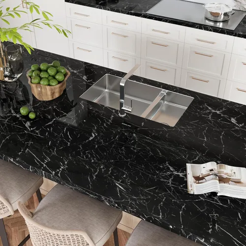 Vista 7 de CRE8TIVE Papel de contacto de mármol negro para encimeras, papel tapiz de mármol brillante impermeable para encimeras, autoadhesivo, rollo de vinilo