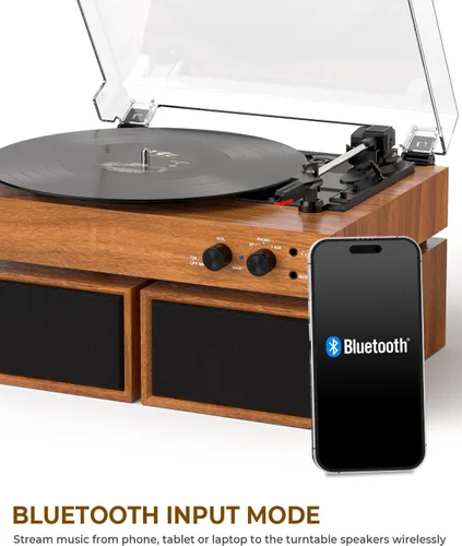 Vista 10 de Tocadiscos de vinilo vintage con altavoces estéreo externos, tocadiscos de 3 velocidades con entrada Bluetooth, grabación USB a PC, parada