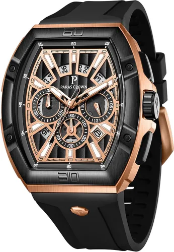 Vista 13 de Paras Crown Watches for Men Tonneau 5ATM Waterproof Quartz Luxury Chronograph Analog Men's Wrist Watches Stainless Steel Case Mens Watches Negro
