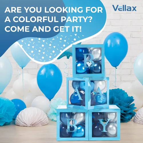 Vista 9 de Cajas de baby shower con letras - Cajas azules metálicas con globos metálicos azules y plateados - Juego de 44 piezas para revelación de género