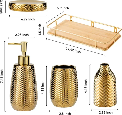 Vista 2 de Accesorios de baño dorados, hermoso juego de decoración de baño, juego de regalo de cerámica de 5 piezas, dispensador de jabón, soporte para cepillo