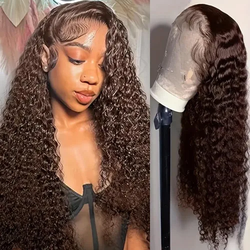 Vista 65 de Peluca de cabello humano con encaje frontal 99j borgoña ondulada profunda, 13x4, peluca frontal prearrancada, densidad del 180%, peluca rizada