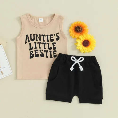 Vista 57 de Ropa de bebé niño sin mangas + pantalones cortos con estampado a rayas con bolsillos, 2 piezas de trajes de verano