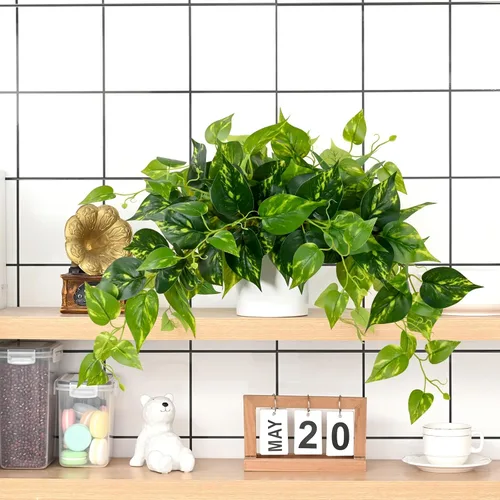 Vista 2 de Waipfaru Plantas artificiales para interiores, plantas artificiales realistas colgantes con macetas de plástico, potos artificiales para el hogar
