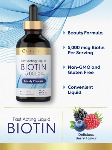 Vista 4 de Carlyle Biotin - Gotas líquidas de 5000mcg 4 onzas líquidas para mujeres y hombres Sabor a bayas Fórmula de belleza Suplemento
