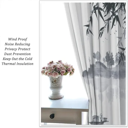 Vista 5 de Cortinas con estampado de bambú, diseño de loto rosa asiático japonés, tela de poliéster, tratamiento de ventana para dormitorio, sala de estar