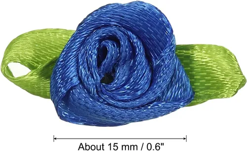 Vista 2 de PATIKIL Mini rosas de cinta, 100 unidades, pequeñas flores de tela de satén con adornos de hojas verdes, rosetas para manualidades, costura, boda