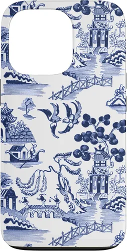 Vista 10 de iPhone 14 Pro Preppy Azul y Blanco Willow Patrón Chinoiserie Toile Case