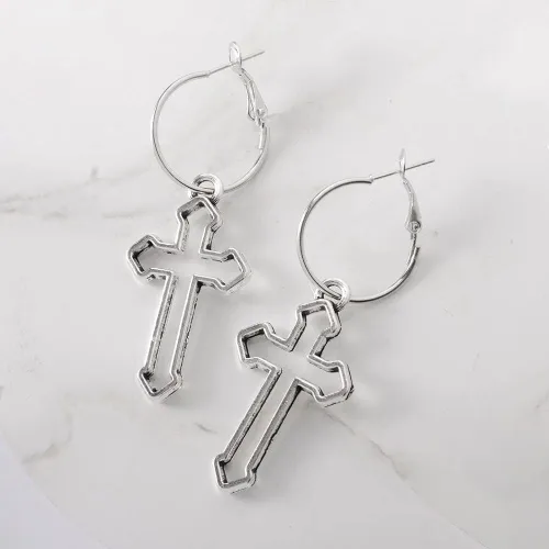 Vista 3 de Aretes colgantes de cruz - Aretes modernos y minimalistas de cruz, aleación de metal, Zinc, No es una piedra preciosa
