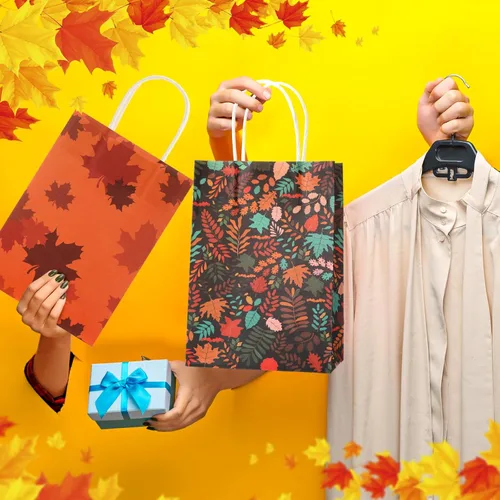 Vista 3 de Tenceur 24 bolsas de regalo de otoño de papel kraft a granel, bolsas de regalo naranja, elementos de hoja de arce, bolsas de dulces con asas