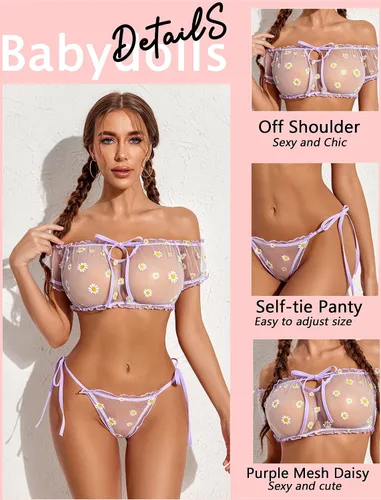 Vista 27 de Avidlove - Conjunto de brasier y braga con volantes, conjunto de lencería tipo babydoll de malla