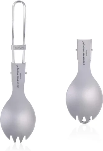Vista 14 de iBasingo Cuchillo de tenedor de titanio con mango plegable, utensilios de vajilla ultraligeros para camping, picnic al aire libre, senderismo
