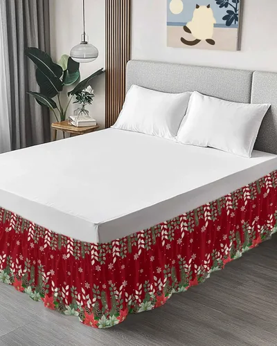 Vista 3 de Falda de cama de Pascua de Navidad, tamaño Queen de 16 pulgadas de caída, ajustable y elástica, plisada, con volantes de polvo de lujo para cama