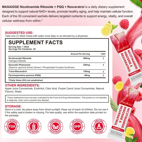 Vista 4 de NAD 1000mg líquido 30 paquetes, suplemento líquido NAD, suplementos NAD para mujeres, ribósido de nicotinamida y resveratrol premium, aumenta