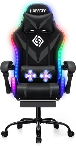 Vista 10 de HOFFREE - Silla para juegos con luces LED RGB estilo carreras, color azul azul+negro