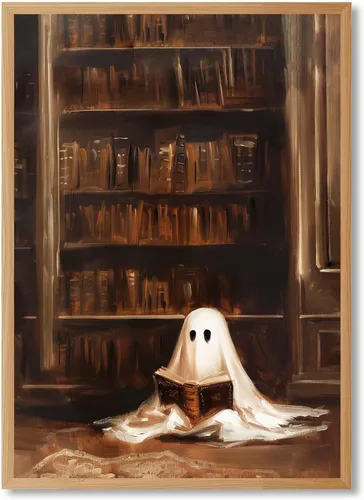 Vista 9 de Arte de pared vintage de Halloween embrujado de granja, parche de calabaza rústica con bonitos fantasmas, póster impreso en lienzo espeluznante