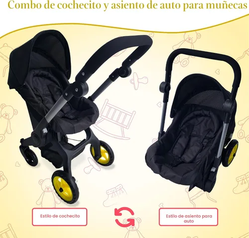 Vista 2 de Combo de Cochecito y Asiento de Coche para Muñeca Bebé – Cochecito de Muñeca Convertible 2 en 1 y Asiento de Coche para Niños – Se Adapta a Muñecas