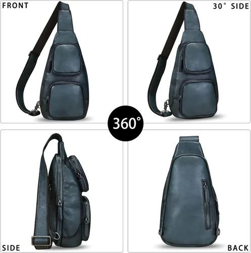 Vista 2 de Bolso de cuero genuino para hombres y mujeres, mochila bandolera de cuero real, bolso cruzado de moda, Grisoscuro