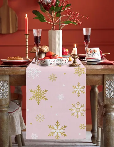 Vista 2 de Camino de mesa de copo de nieve rosa rubor, lino de algodón, bufandas de tocador de vacaciones de 36 pulgadas, diseño romántico de feliz Navidad