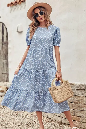 Vista 2 de PRETTYGARDEN - Vestido para mujer, estilo veraniego, bohemio y casual, con manga corta, estampado floral y volantes, fluido, largo por debajo
