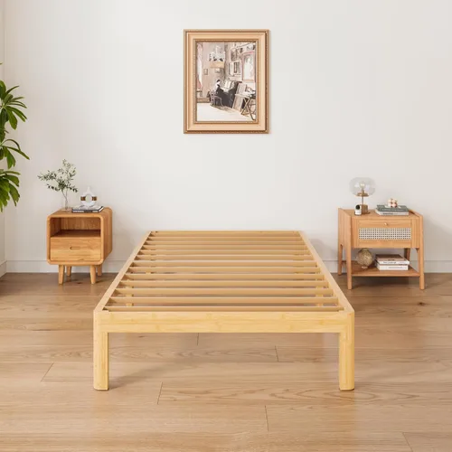 Vista 4 de ZIYOO Marco de cama de plataforma de bambú de tamaño individual de 14 pulgadas, diseño minimalista moderno, soporte resistente, fácil montaje,