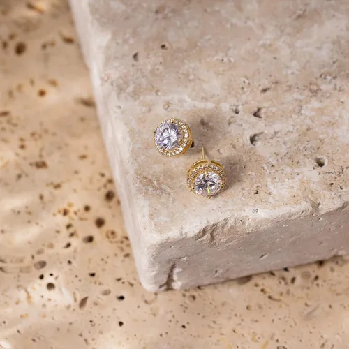 Vista 5 de PAVOI 14K Gold Plated Sterling Silver Post Brilliant Round Faux Diamond Halo Earrings - Premium Cubic Zirconia in Rose Gold, White Gold and Yellow