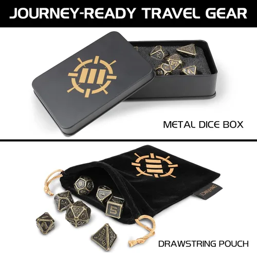 Vista 3 de ENHANCE DND - Juego de dados de metal, 7 dados poliédricos con estuche de almacenamiento y bolsa con cordón, juego de metal sólido para Calabozos