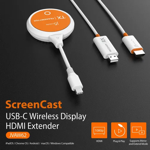 Vista 2 de j5create ScreenCast - Transmisor y receptor de pantalla inalámbrico USB-C a HDMI, compatible con 1080p, adecuado para iPhone15, MacBook, iPad Pro