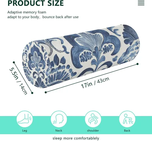 Vista 3 de Kigai Cervical Pillow for Neck Pain Relief Blue and White Pattern Neck Roll Memory Foam Pillow Round Cervical Bolster Pillow for Legs Bed Head Back