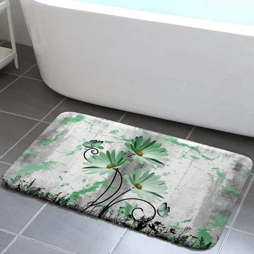 Vista 12 de Alfombra de baño rústica de granja, diseño de margaritas y mariposas en madera de campo, tapete de baño de madera color gris, blanco, azul marino