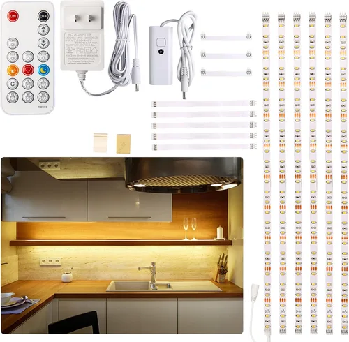 Vista 9 de WOBANE - Luz para debajo de la encimera, iluminación led regulable, 6 tiras de luz con control remoto para cocina, estante, despensa, escritorio