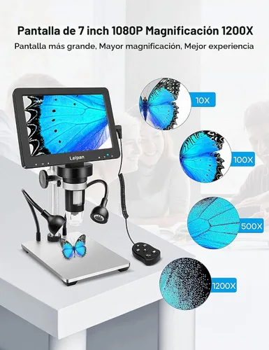 Vista 2 de Microscopio digital LCD de 7 pulgadas 1200X, microscopio Leipan de moneda de 12 MP con pantalla para adultos, microscopio de video 1080P con tarjeta