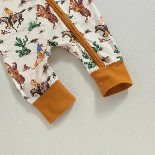 Vista 5 de Lamuusaa Ropa occidental para bebé, niña, niño, manga larga, estampado de vaca, mameluco con cremallera, overol de una pieza para otoño e invierno