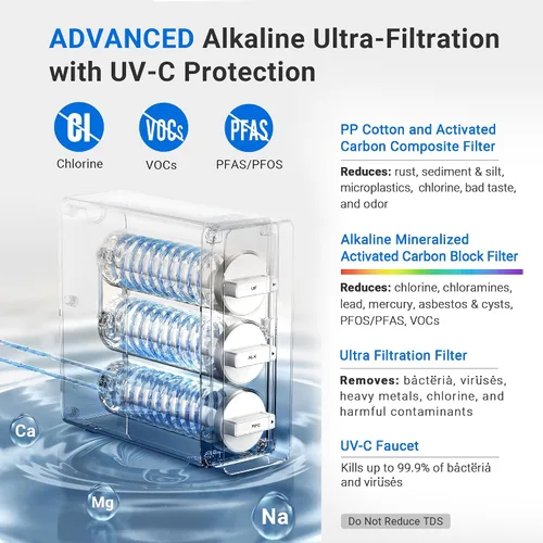 Vista 3 de LCF 0.01μm Ultra-filtración debajo del fregadero Sistema de filtro de agua, purificador de agua mineral alcalino de 3 etapas, grifo LED UV-C