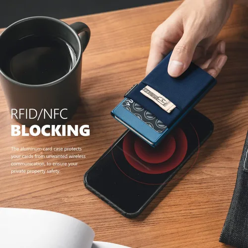 Vista 11 de VULKIT Billetera minimalista con ventana de identificación y bolsillo EDC con bolsillo desplegable para tarjetas de crédito y bloqueo RFID, diseño