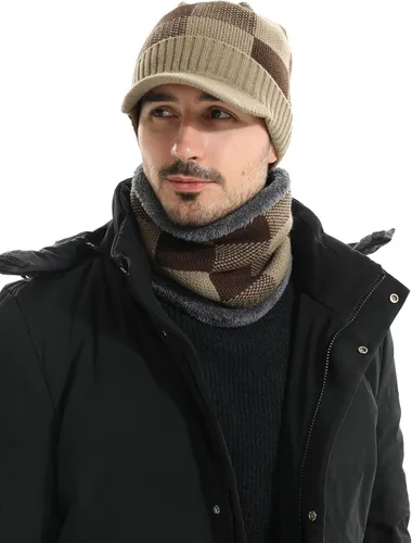 Vista 5 de HH HOFNEN Conjunto de bufanda de invierno para hombres y mujeres, visera de punto, cálido, grueso, forro polar, calentador de cuello para exteriores